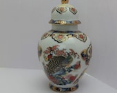 Vintage Imari Ware Japan Lidded Temple Jar - Blue Red Gold Flower Peacock Motif Lid Vase