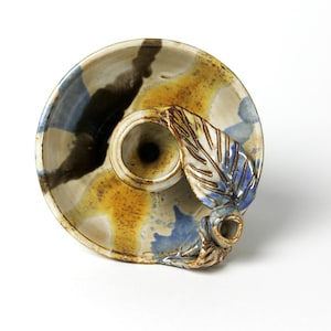 Studio Pottery Candle Stick Holder with 3D Flower and Leaves