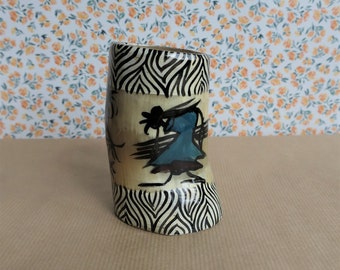 Rare Horn Vase with Black and White Geometric Pattern and Tribal Images - Ethnic Art - Natural Decoration - Boho Style