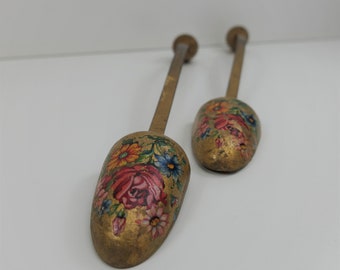 Vintage Pair of H S Montifiore Wooden Gold with Hand Painted Flowers Shoe Trees