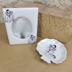 Eurocraft Japan Set of Ceramic Frame and Ring Earring Jewelry Dish with Pierrot Clown Harlequin