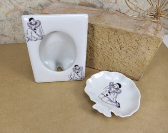 Eurocraft Japan Set of Ceramic Frame and Ring Earring Jewelry Dish with Pierrot Clown Harlequin