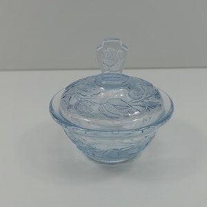 Eis Baby Blau Gepresste Rosen Blumen Glas mit Deckel Eitelkeit Schüssel Schmuck Halter