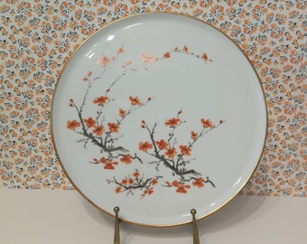 Vintage Dubarry Porcelain de France Hand Painted Decorative Platter with Coral Cherry Blossom Flowers and Gold Trim