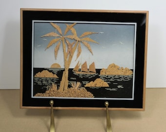 Vintage Handcrafted Chinese Oriental Cork Diorama 3D Painting Art - Ship Island with Palms Sunset at Sea Framed Picture