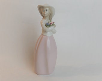 Lovely Lady in Pastel Pink Dress and White Hat with A Flower Bouquet Ceramic Figurine Made in Spain