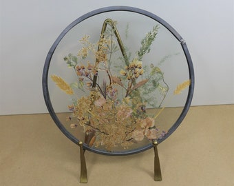 Vintage Pressed Flower Suncatcher in Glass and Pewter Round Frame - Handcrafted Dried Flower Botanical Art