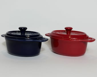 Staub La Cocotte Red and Dark Blue Oval Lidded Ceramic Baking Dishes Pots / Made in France