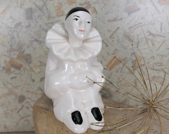 Vintage Black and White Sitting Pierrot Harlequin Clown Ceramic Figurine