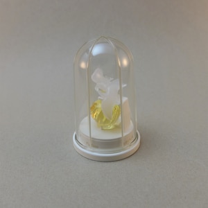 May include: A clear glass bottle with a yellow liquid and a white figurine inside, all enclosed in a clear plastic dome with a white base.