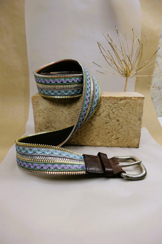 Unique Vintage Italian Leather Belt With Colourful Zippers 