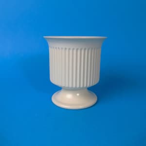 May include: A white ceramic planter with a fluted design and a pedestal base. The planter is on a blue background.