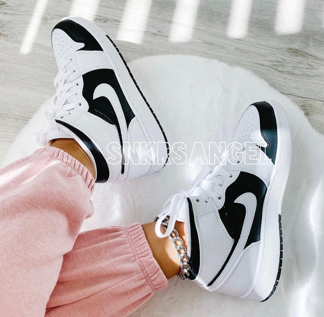 Custom Nike Air Jordan 1 Mid - Women’s Nike Sneaker (Black and White) - Aj 1 Mid Custom