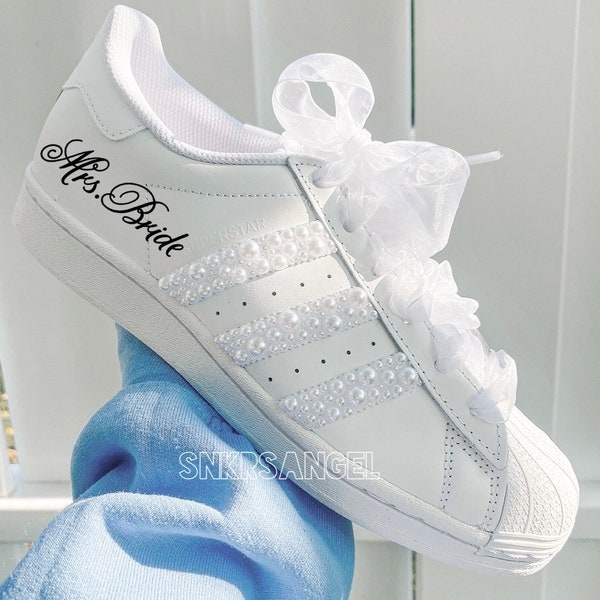 Adidas Wedding personalized sneakers, prom, graduation pearl bridal shoes, white superstar wedding bling sneakers