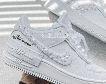 Iridescent bride wedding air force 1 shadow nike sneakers  pearl swarovski crystal bling personalized shoes