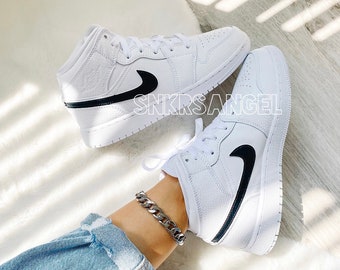 Custom Nike Air Jordan 1 Mid Black White - Etsy Finland Custom Nike Air Jordan 1 Mid Black White - Etsy Finland