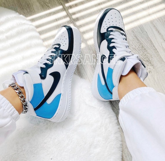 Custom Nike Air Force 1 Mid Blue Black Etsy