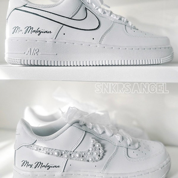 Wedding couple sneakers air force 1 bling swarovski pearl black Mr Mrs 2 pairs sneakers personalized shoes