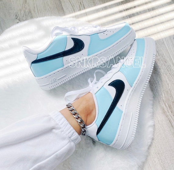 Air Force 1 Low Custom Nike Baby Blue With Swoosh -