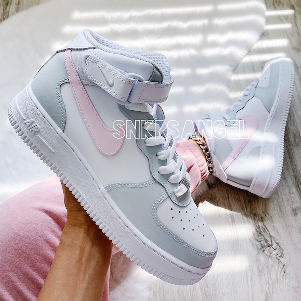 Custom nike air force 1 mid light grey baby pink