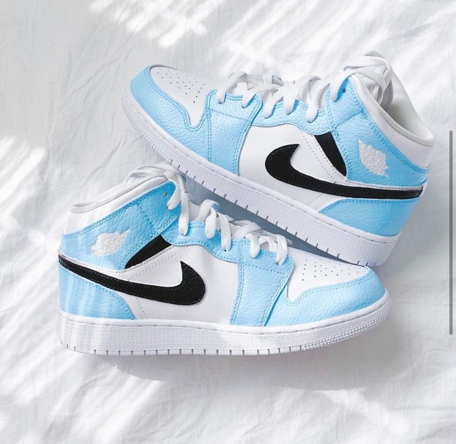 Baby blue and black swoosh Nike custom air jordan 1 mid | Etsy