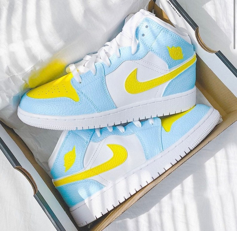 Light Blue Custom Air Jordan 1 Mid Yellow Toe/swoosh Sneakers | Etsy