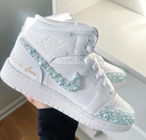Wedding air jordan 1 mid bride sneakers Mrs shoes rhinestone gold crystal pearl bling sneakers prom daughter granddaughter gift