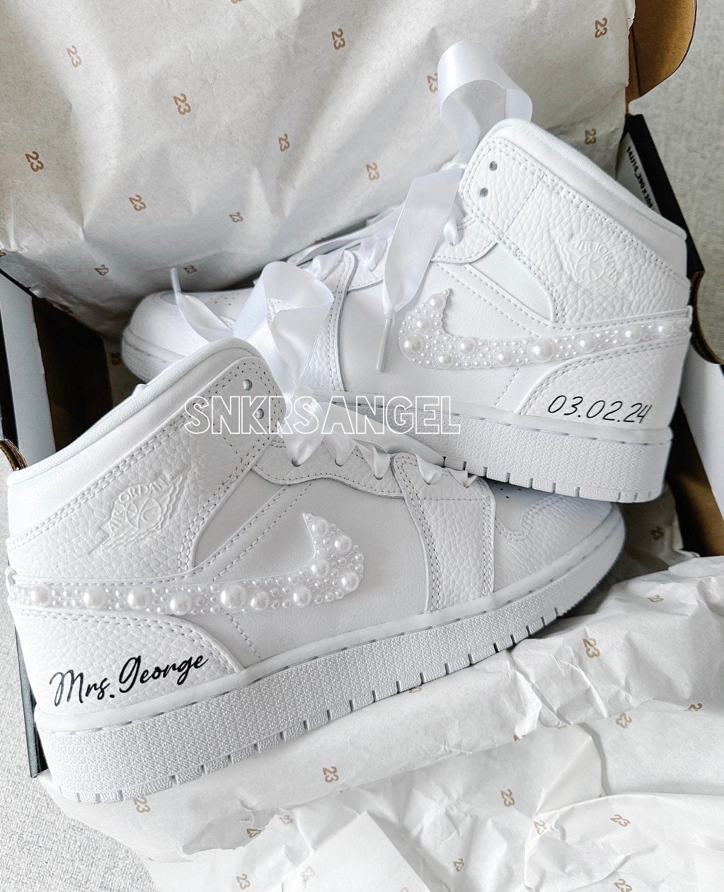 Wedding Bride Air Jordan Mid Sneakers White Pearl Swarovski