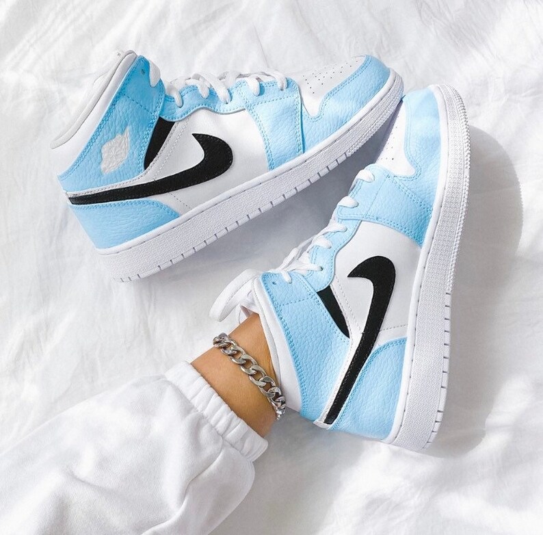 Baby blue and black swoosh Nike custom air jordan 1 mid Etsy