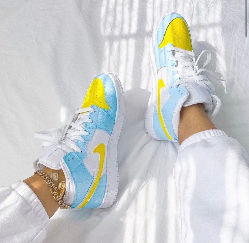 Light Blue Custom Air Jordan 1 Mid Yellow Toe/swoosh Sneakers | Etsy