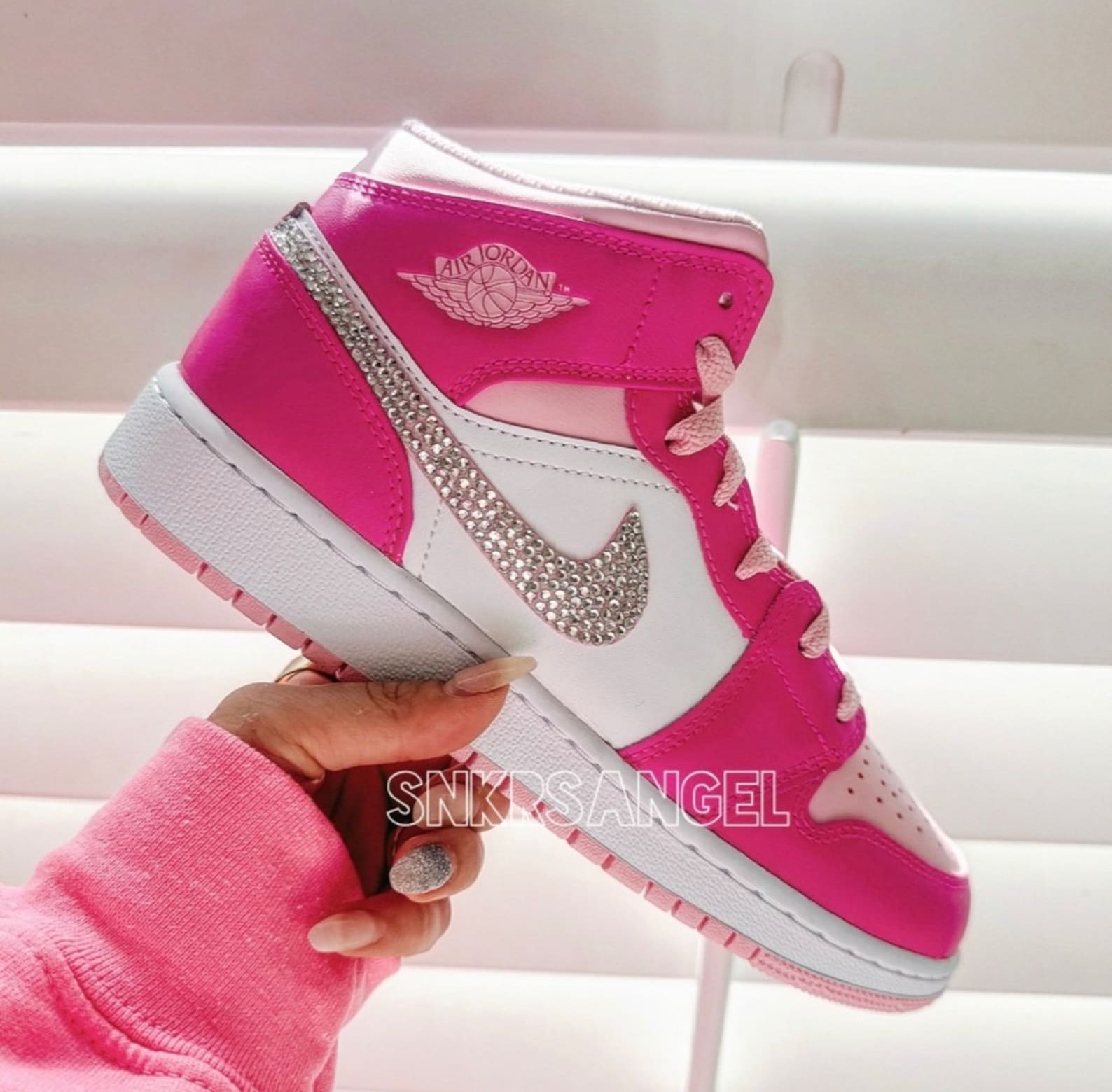 Nike Air Jordan 1 Mid Hot Pink Barbie Pink Baby Pink Rhinestone Crystal