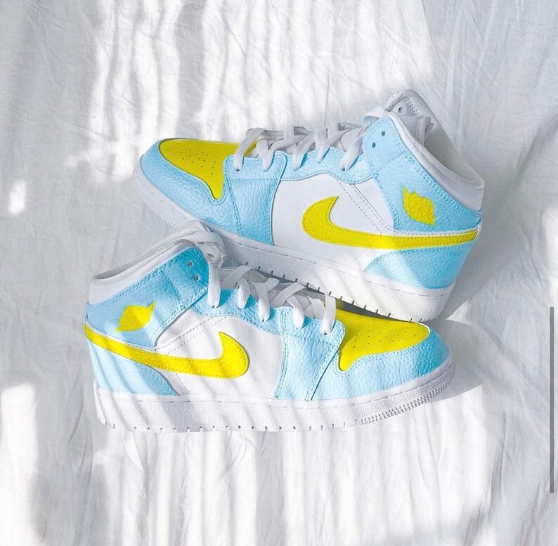 Light Blue Custom Air Jordan 1 Mid Yellow Toe/swoosh Sneakers | Etsy