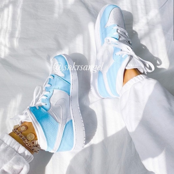 Baby Blue Custom Air Jordan 1 Mid - Unisex Nike shoes, AIR JORDAN 1