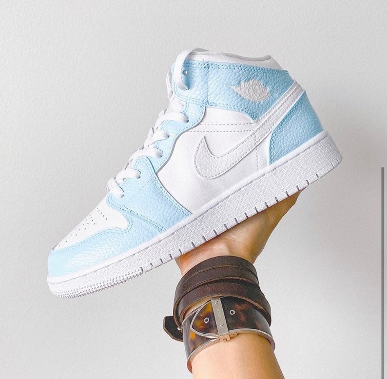 Light blue custom nike air jordan 1 mid sneakers | Etsy