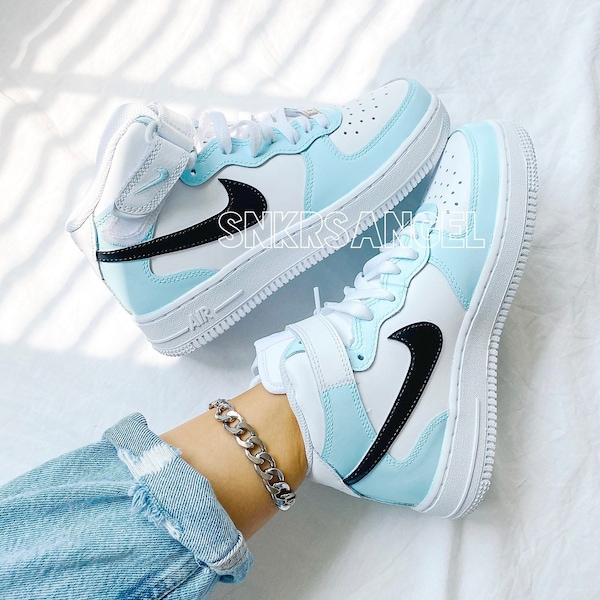 Custom nike air force 1 mid baby blue light blue black