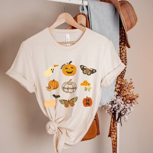 Autumn T-shirt, halloween shirt, boho clothing, printed T-shirt with autumn motifs in cottagecore style, pumpkin T-shirt