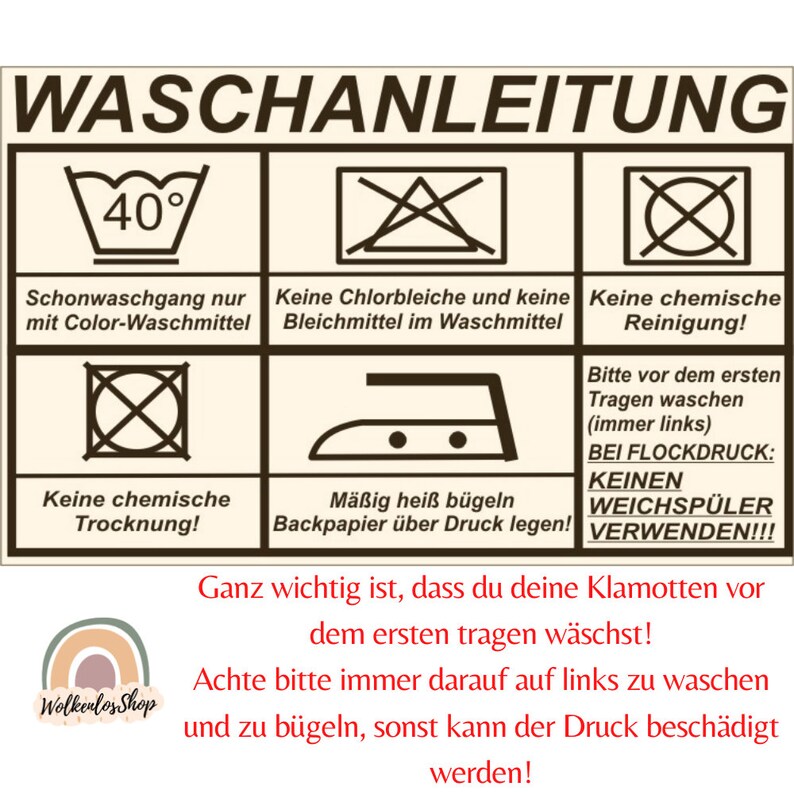 May include: Washing instructions for a garment with a 40 degree Celsius maximum wash temperature. The instructions also state that the garment should be washed with color detergent only, should not be bleached, should not be dry cleaned, should be ironed at a medium temperature with a pressing cloth, and should not be put in the dryer. The instructions also state that the garment should be washed on the left side to protect the print.