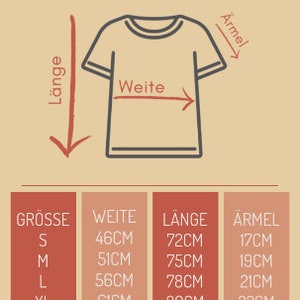 May include: A chart showing unisex t-shirt sizing in centimeters. The chart shows the size, width, length, and sleeve length of the t-shirt.