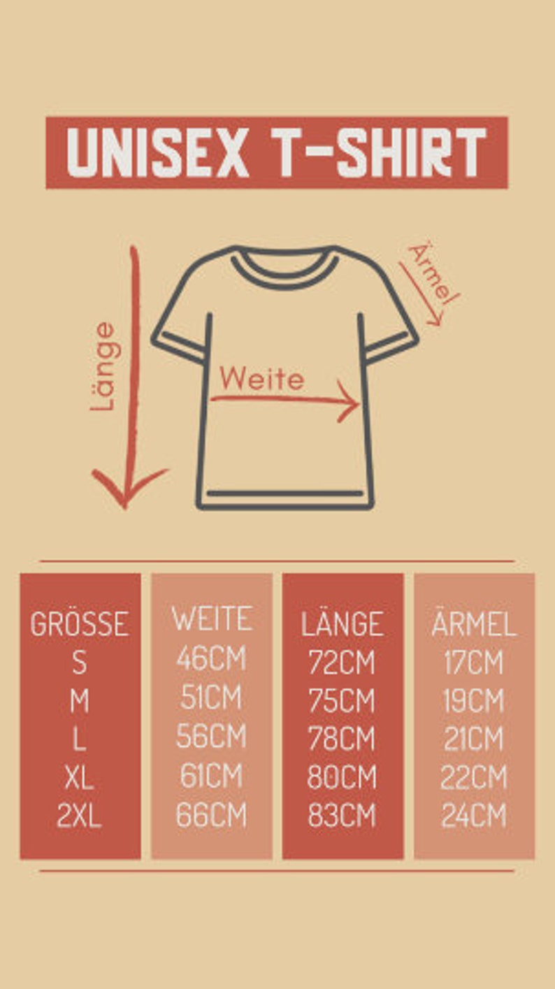 May include: A chart showing unisex t-shirt sizing in centimeters. The chart shows the size, width, length, and sleeve length of the t-shirt.
