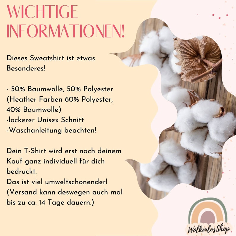 Może przedstawiać: Ważne informacje o bluzie wykonanej z 50% bawełny i 50% poliestru. Tekst głosi: "Ta bluza jest czymś wyjątkowym!" i zawiera szczeg&oacute;łowe informacje o składzie tkaniny i kroju. Obraz zawiera r&oacute;wnież zbliżenie na kulki bawełny.