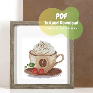 Puede incluir: Un patrón de punto de cruz para una taza de café con crema batida y cerezas. El patrón está en formato PDF digital y está disponible para descarga instantánea.