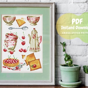 May include: A cross stitch pattern featuring a vintage kitchen scene with cherries, pastries, and a teapot. The pattern is in a white frame with a green mat. The text "PDF Instant Download CROSS STITCH PATTERN" is in a yellow and green speech bubble.