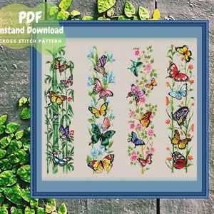 May include: Cross stitch pattern featuring four vertical rows of colorful butterflies with floral accents. The butterflies are arranged in a variety of positions and colors, including blue, green, red, yellow, and purple. The pattern is framed in a blue frame.