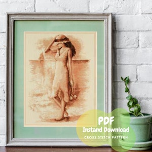 Lady Shadow by the beach Counted cross stitch chart Pattern in PDF for Instant Download, home decor