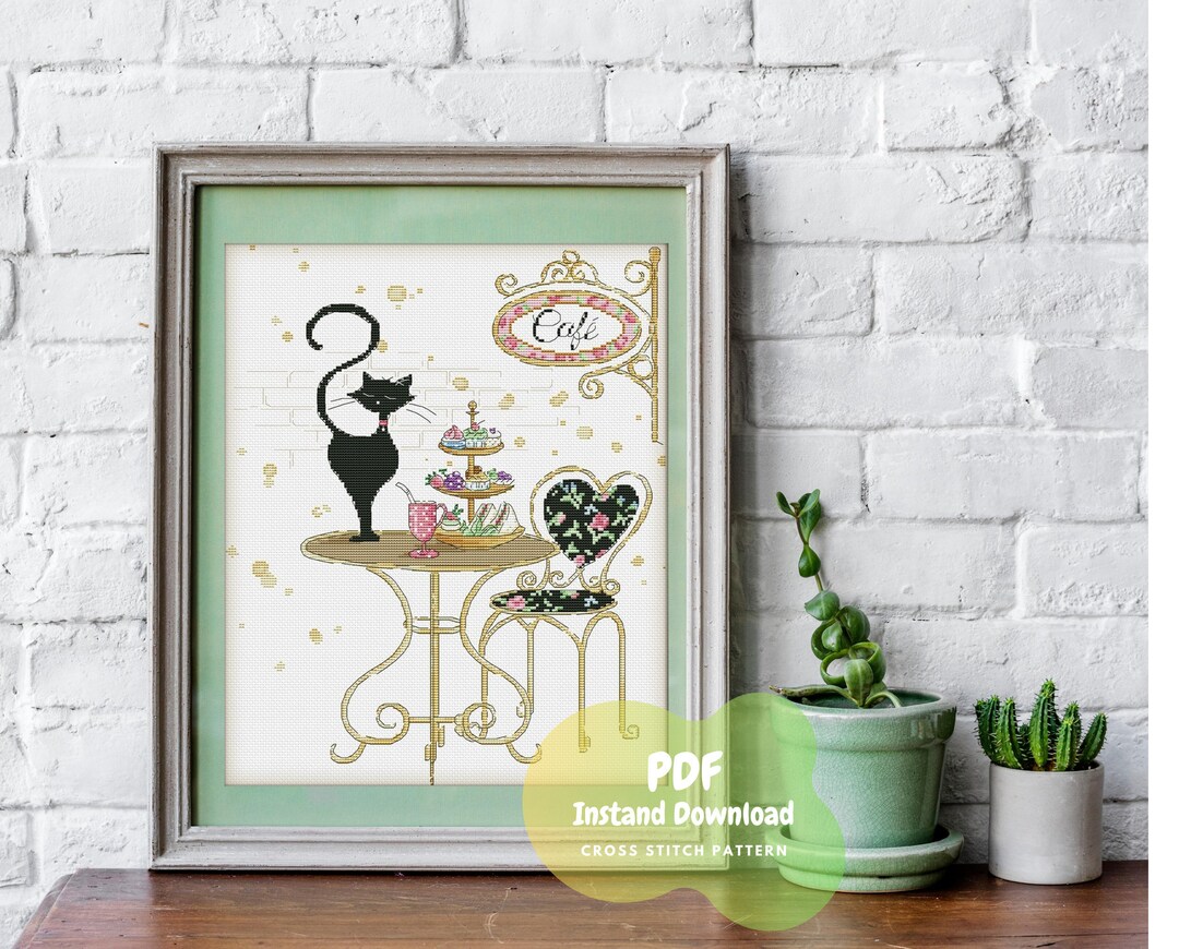 Cat Cafe Counted Cross Stitch Chart Pattern in PDF for Instant Download ...