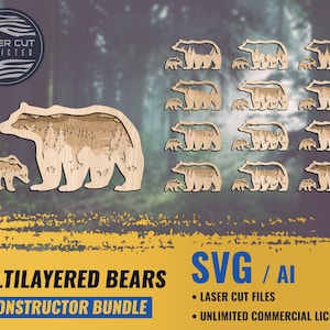 Bär Laser Cut Datei-Bundle, mehrschichtig SVG AI (Digitaler Download)