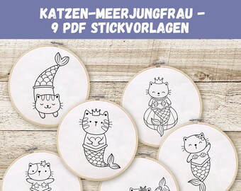May include: Nine black and white embroidery patterns of cats dressed as mermaids. The patterns are on white circles with a black outline. The patterns are for embroidery projects.