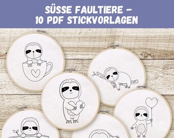 May include: Ten black and white embroidery patterns featuring sloths in various poses. The patterns are printed on white fabric circles.