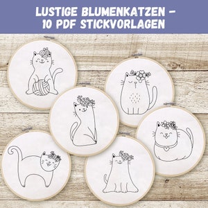 Embroidery template &quot;Funny flower cats&quot; / Learn to embroider / Embroidery pattern for children / Embroidery for beginners / Embroidery template PDF / Hand embroidery pattern