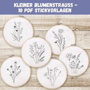 May include: Ten embroidery hoop patterns featuring simple line drawings of small bouquets of flowers. The patterns are printed on white fabric and are ready to be stitched.